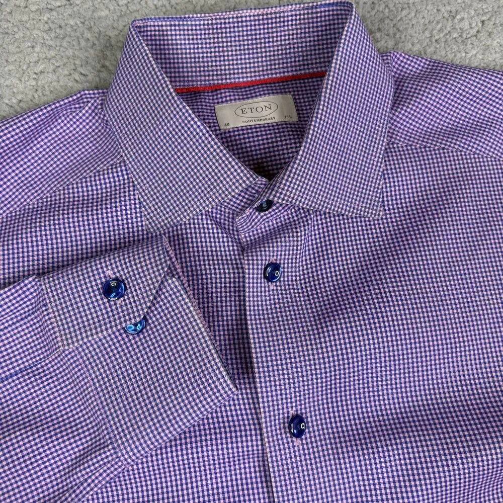 Eton Shirt Men 40 15 3/4 Purple Gingham Check Contemporary Long Sleeve Button Up
